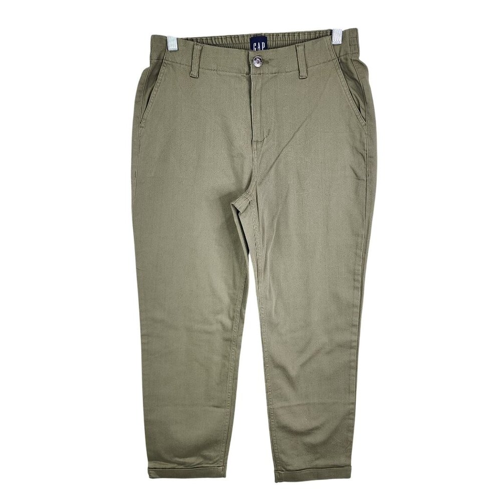 Womens Green Gap Khaki Pants Straight Elastic Waist Mid Rise Cotton Blend Size 6